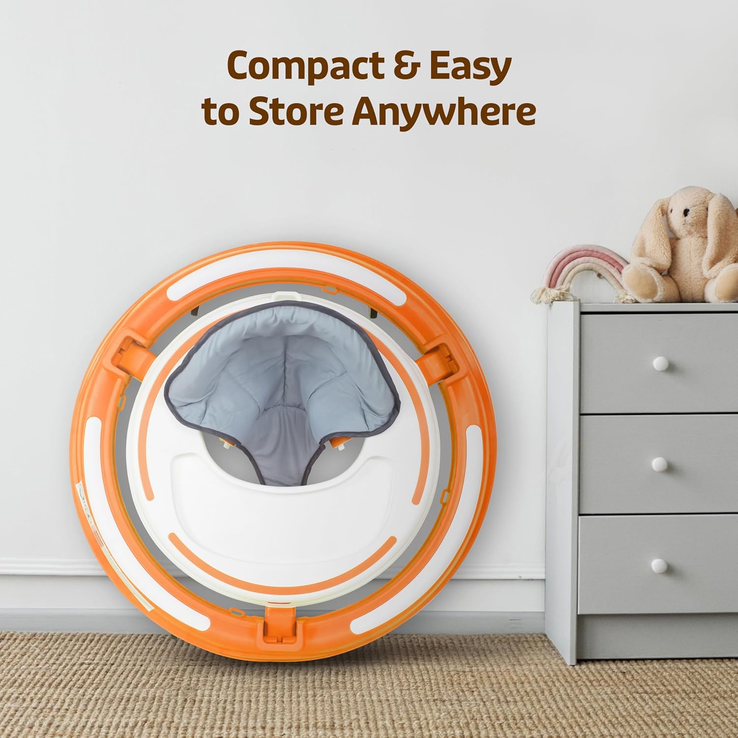 Usmile Toys LuvLap 360° Joy baby walker in orange, offering stable support and engaging playtime for toddlers.